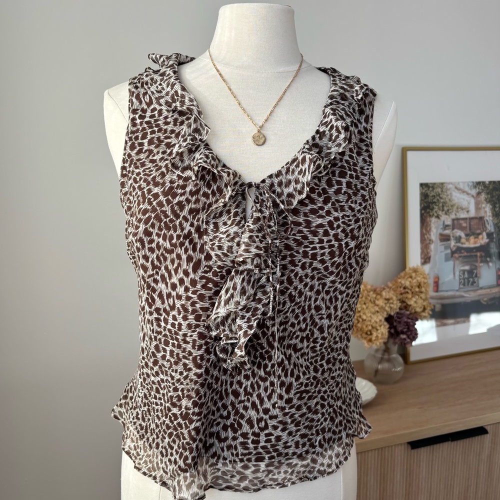 Vintage Y2K Ice 100% Silk Ruffles Cheetah Print Top -Size M